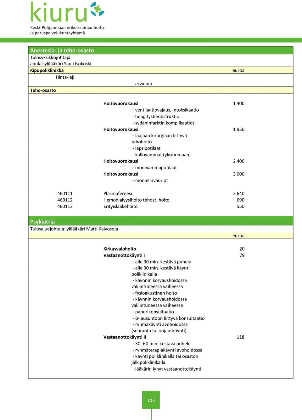 Hoitovuorokausi 3 000 - monielinvauriot 460111 Plasmafereesi 2 640 460112 Hemodialyysihoito tehost.