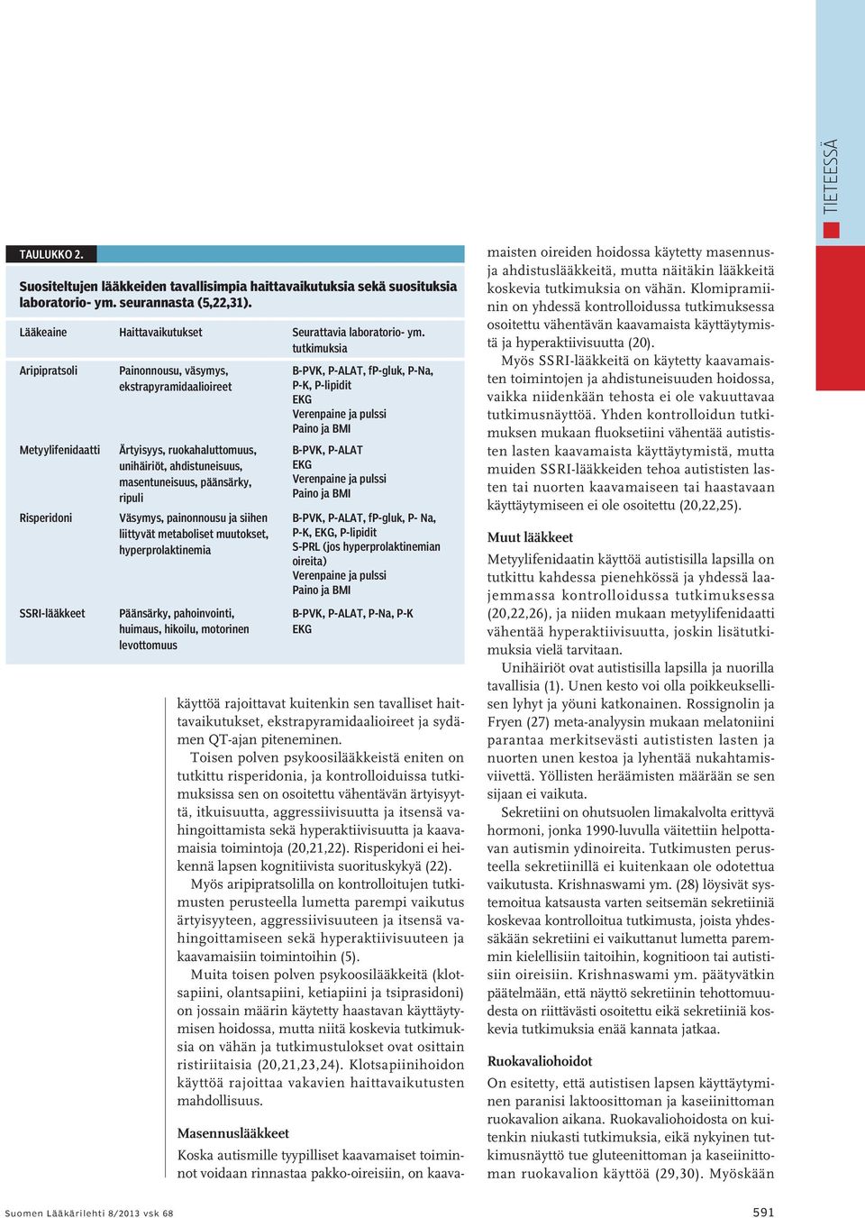 ripuli Väsymys, painonnousu ja siihen liittyvät metaboliset muutokset, hyperprolaktinemia Päänsärky, pahoinvointi, huimaus, hikoilu, motorinen levottomuus B-PVK, P-ALAT, fp-gluk, P-Na, P-K, P-lipidit