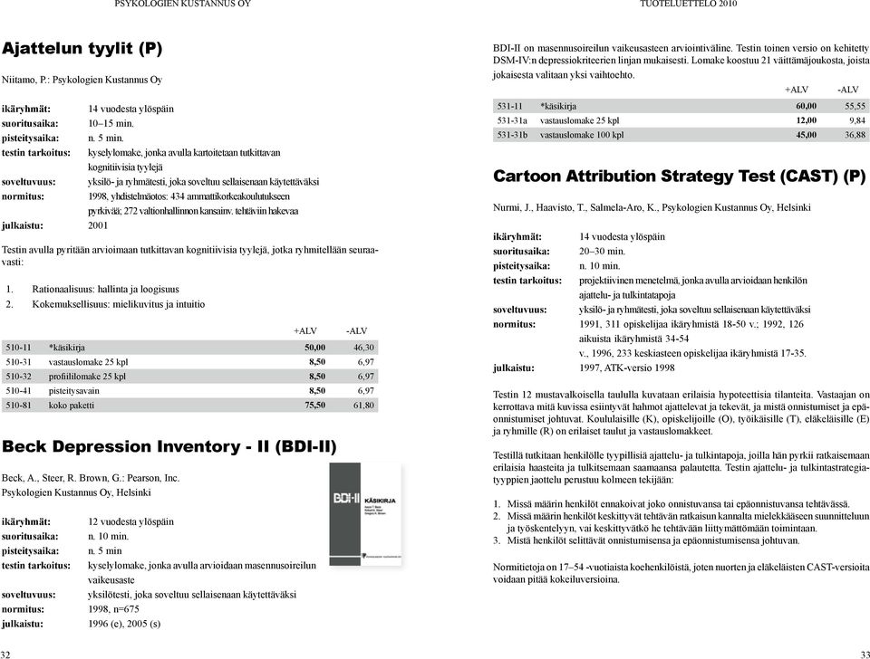 272 valtionhallinnon kansainv. tehtäviin hakevaa 2001 Testin avulla pyritään arvioimaan tutkittavan kognitiivisia tyylejä, jotka ryhmitellään seuraavasti: 1. Rationaalisuus: hallinta ja loogisuus 2.