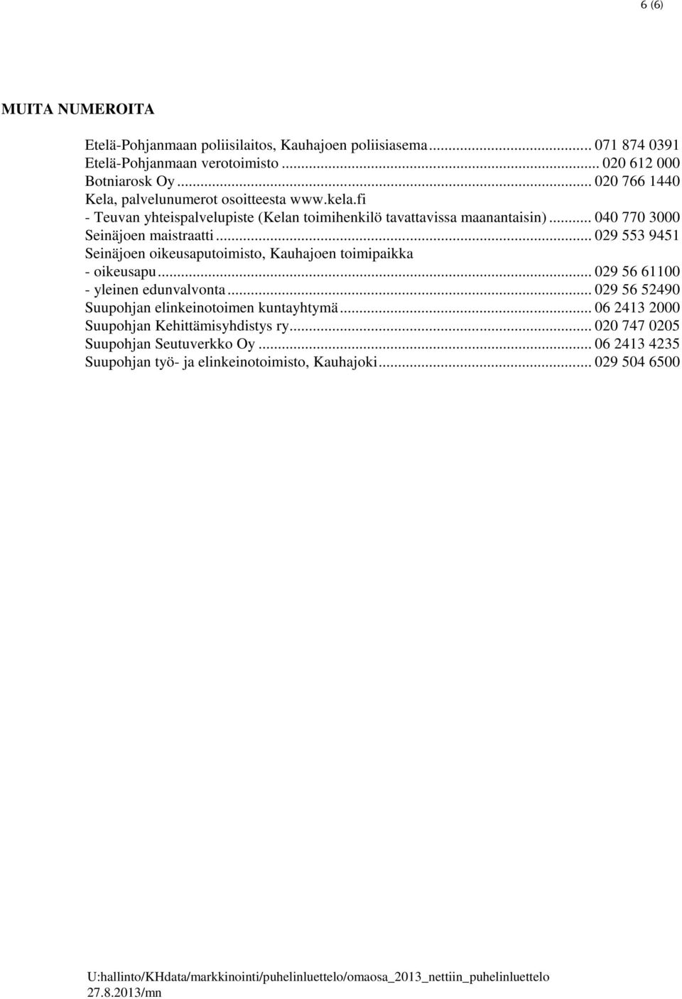 .. 029 553 9451 Seinäjoen oikeusaputoimisto, Kauhajoen toimipaikka - oikeusapu... 029 56 61100 - yleinen edunvalvonta... 029 56 52490 Suupohjan elinkeinotoimen kuntayhtymä.