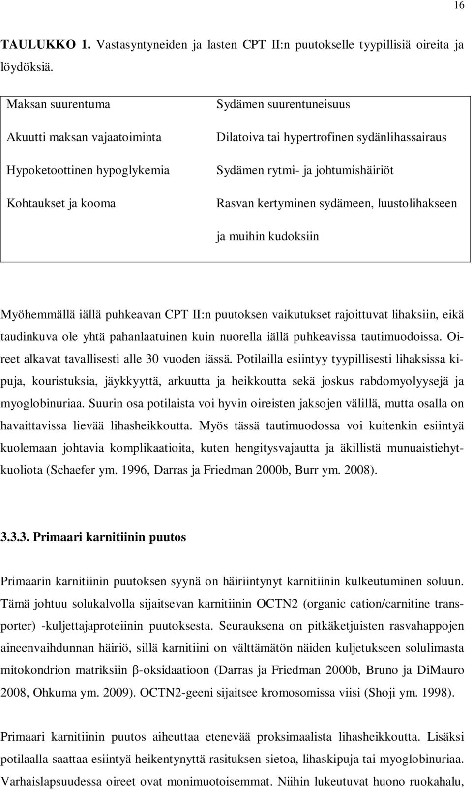 Rasvan kertyminen sydämeen, luustolihakseen ja muihin kudoksiin Myöhemmällä iällä puhkeavan CPT II:n puutoksen vaikutukset rajoittuvat lihaksiin, eikä taudinkuva ole yhtä pahanlaatuinen kuin nuorella