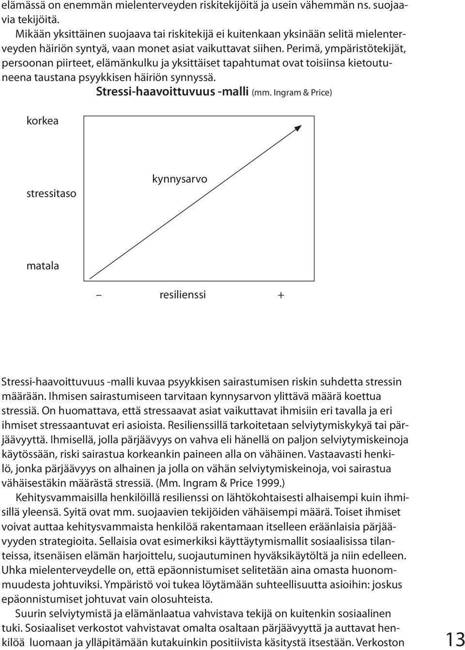 Stressi-haavoittuvuus -malli (mm Ingram & Price) korkea stressitaso kynnysarvo matala resilienssi + Stressi-haavoittuvuus -malli kuvaa psyykkisen sairastumisen riskin suhdetta stressin määrään