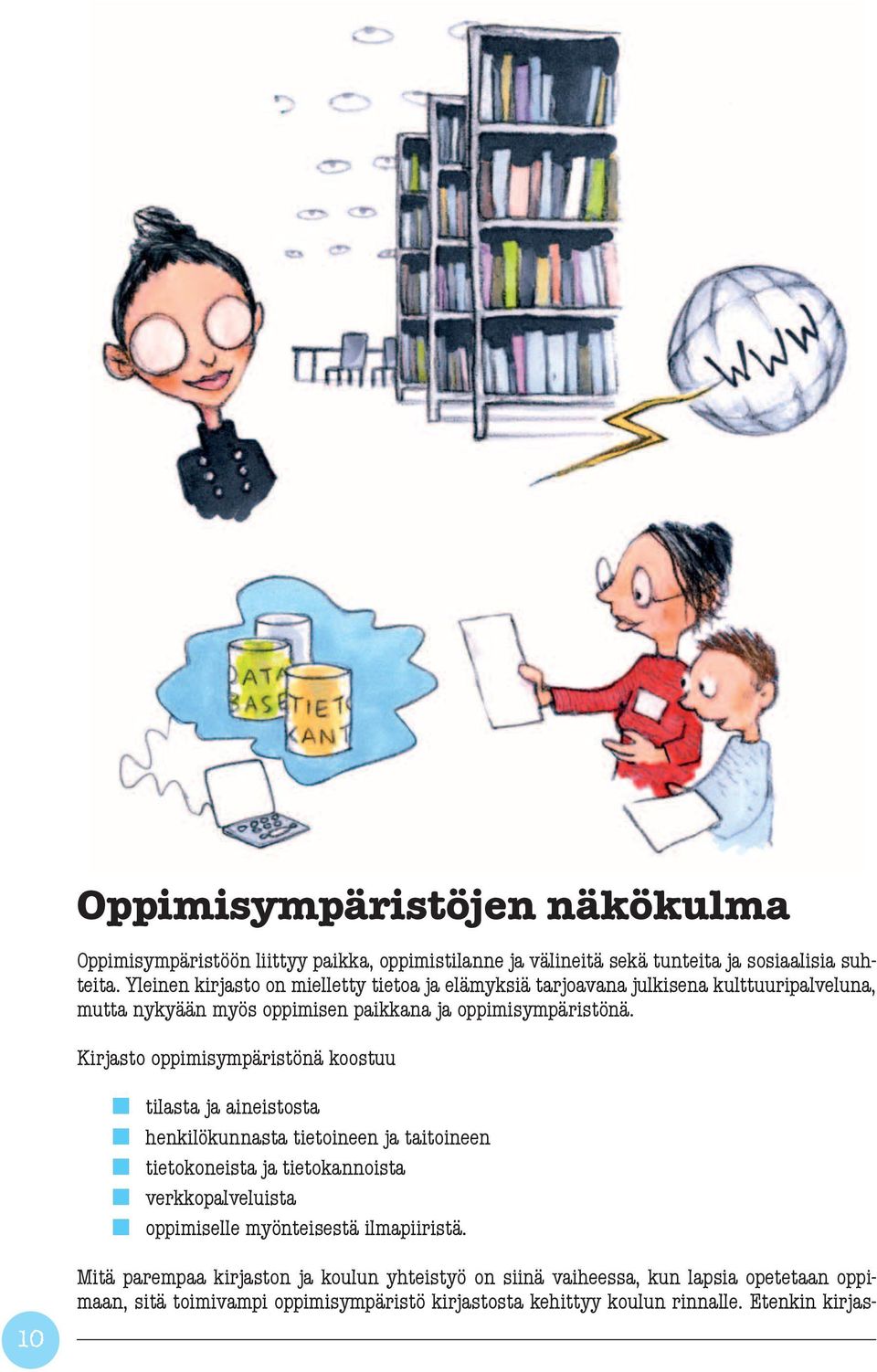 Kirjasto oppimisympäristönä koostuu tilasta ja aineistosta henkilökunnasta tietoineen ja taitoineen tietokoneista ja tietokannoista verkkopalveluista oppimiselle