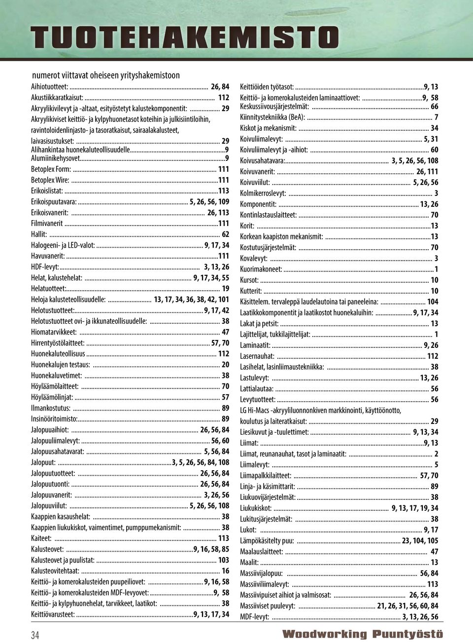 ..9 Alumiinikehysovet...9 Betoplex Form:... 111 Betoplex Wire:...111 Erikoislistat:...113 Erikoispuutavara:... 5, 26, 56, 109 Erikoisvanerit:... 26, 113 Filmivanerit...111 Hallit:.