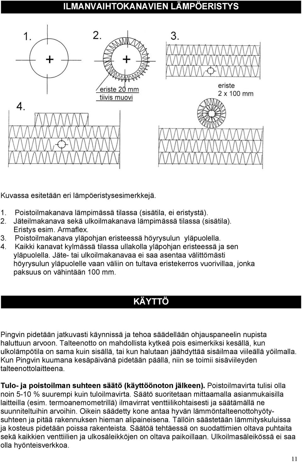 Kaikki kanavat kylmässä tilassa ullakolla yläpohjan eristeessä ja sen yläpuolella.