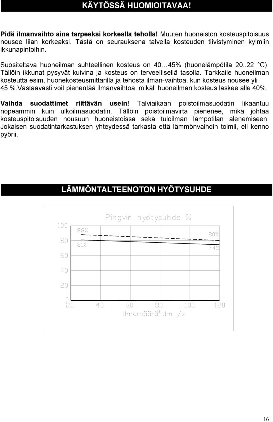 Tällöin ikkunat pysyvät kuivina ja kosteus on terveellisellä tasolla. Tarkkaile huoneilman kosteutta esim. huonekosteusmittarilla ja tehosta ilman-vaihtoa, kun kosteus nousee yli 45 %.