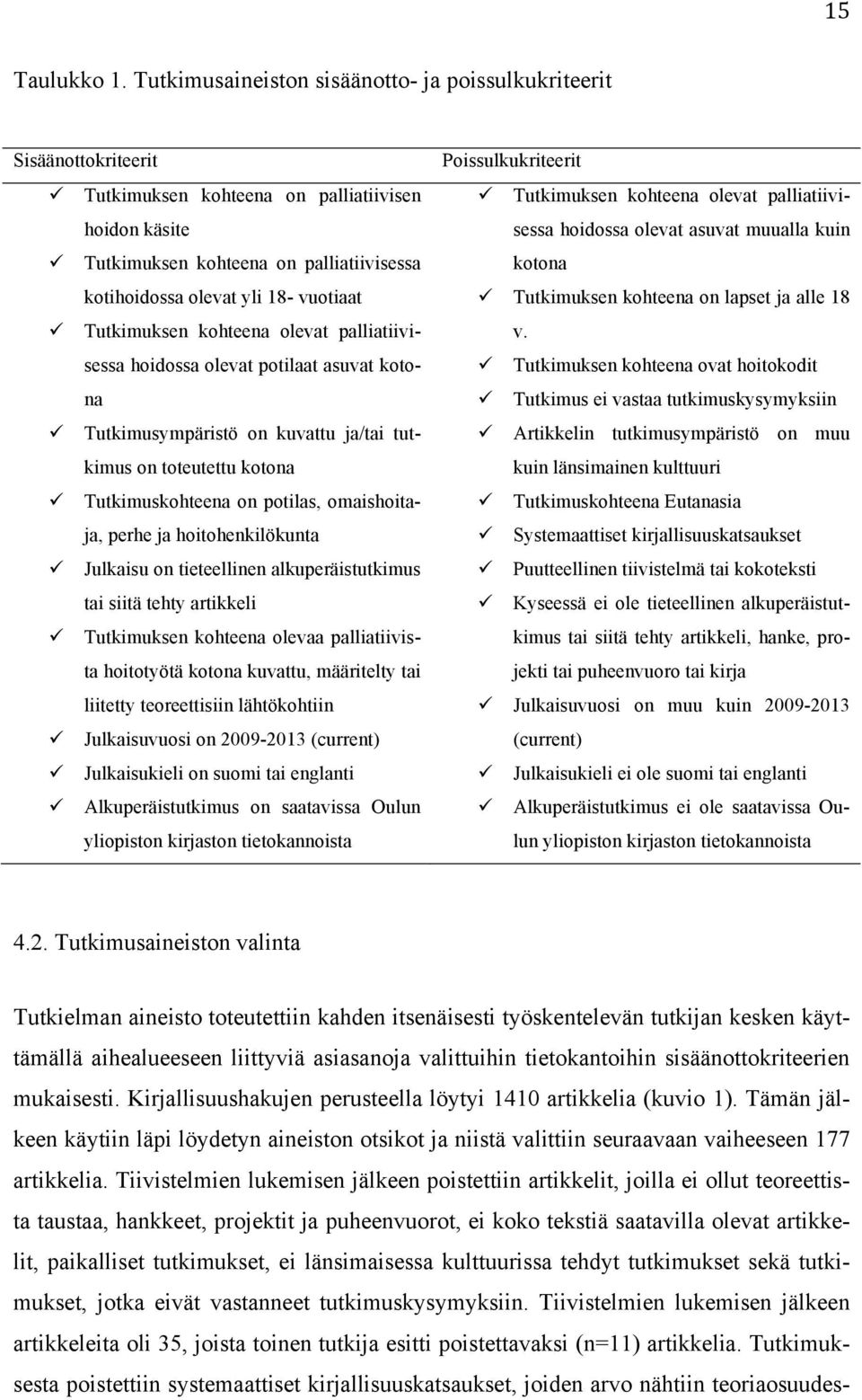 vuotiaat ü Tutkimuksen kohteena olevat palliatiivisessa hoidossa olevat potilaat asuvat kotona ü Tutkimusympäristö on kuvattu ja/tai tutkimus on toteutettu kotona ü Tutkimuskohteena on potilas,