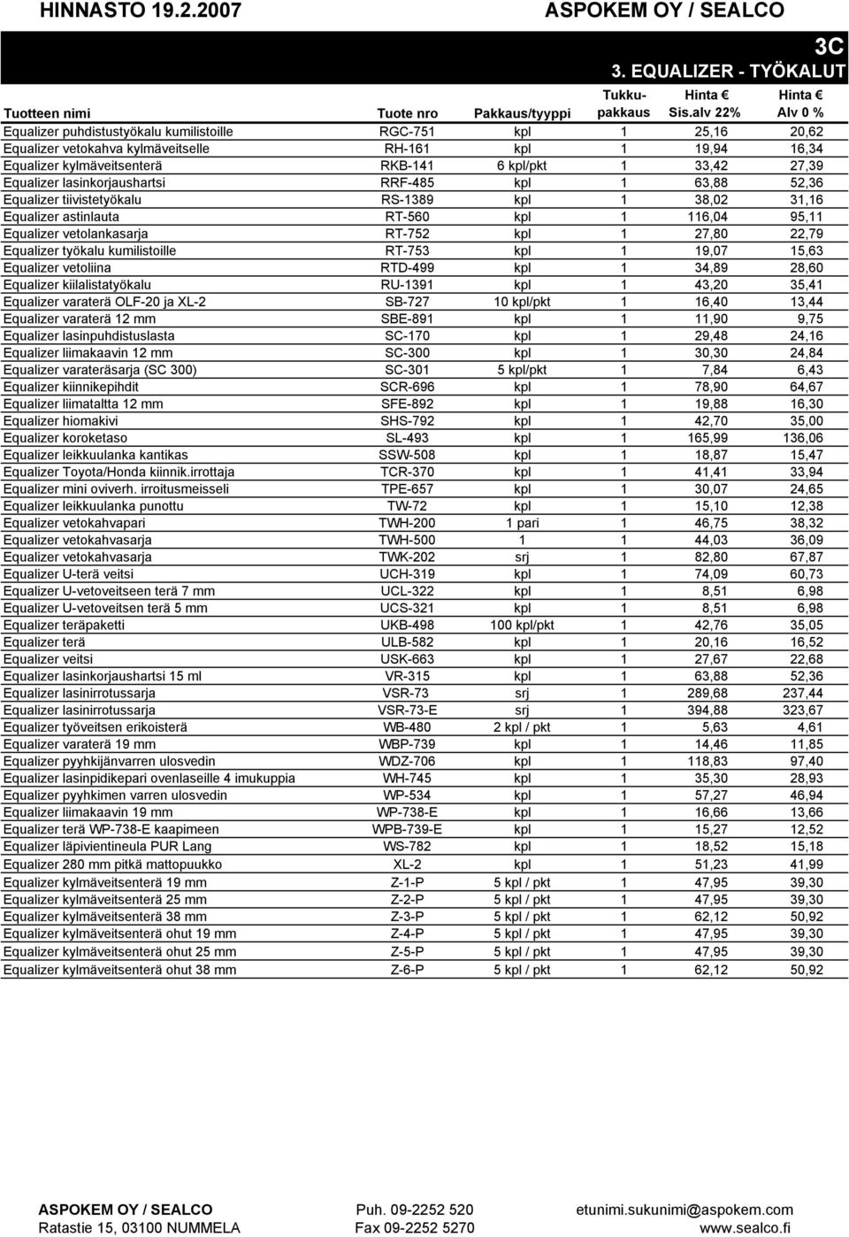 kpl 1 27,80 22,79 Equalizer työkalu kumilistoille RT-753 kpl 1 19,07 15,63 Equalizer vetoliina RTD-499 kpl 1 34,89 28,60 Equalizer kiilalistatyökalu RU-1391 kpl 1 43,20 35,41 Equalizer varaterä