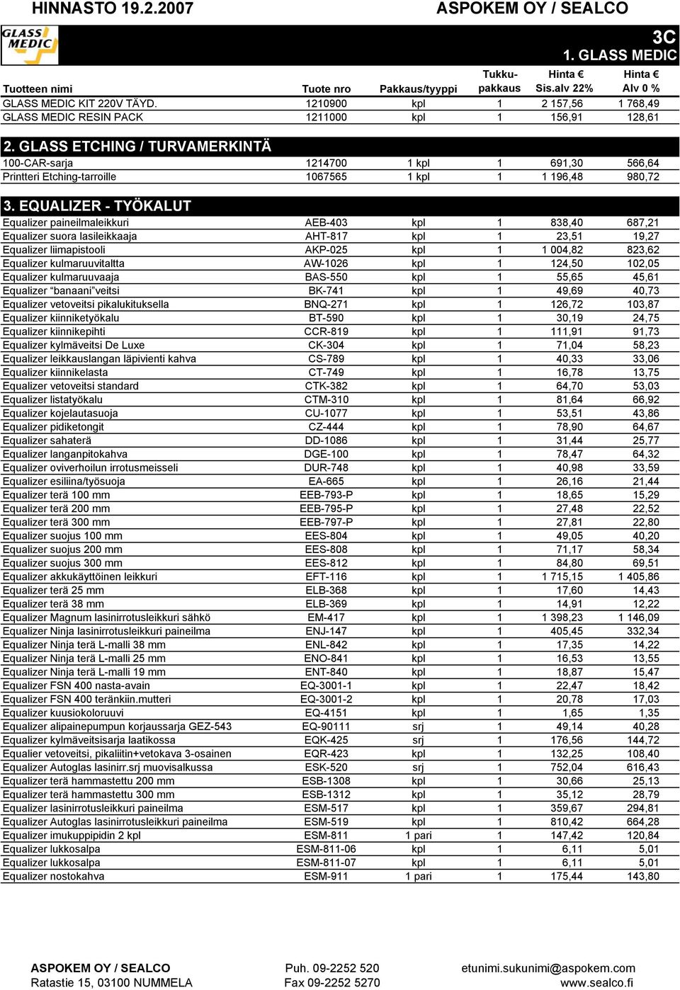 EQUALIZER - TYÖKALUT Equalizer paineilmaleikkuri AEB-403 kpl 1 838,40 687,21 Equalizer suora lasileikkaaja AHT-817 kpl 1 23,51 19,27 Equalizer liimapistooli AKP-025 kpl 1 1 004,82 823,62 Equalizer