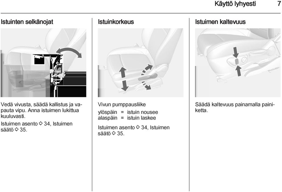 Istuimen asento 3 34, Istuimen säätö 3 35.