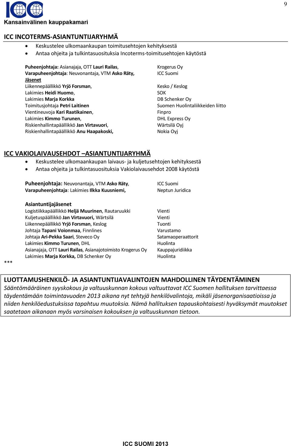 Raatikainen, Lakimies Kimmo Turunen, Riskienhallintapäällikkö Jan Virtavuori, Riskienhallintapäällikkö Anu Haapakoski, ICC Suomi Kesko / Keslog SOK DB Schenker Oy Suomen Huolintaliikkeiden liitto