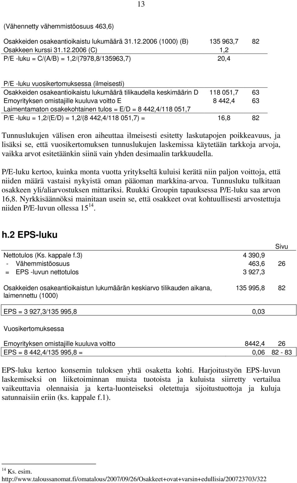 2006 (C) 1,2 P/E -luku = C/(A/B) = 1,2/(7978,8/135963,7) 20,4 P/E -luku vuosikertomuksessa (ilmeisesti) Osakkeiden osakeantioikaistu lukumäärä tilikaudella keskimäärin D 118 051,7 63 Emoyrityksen