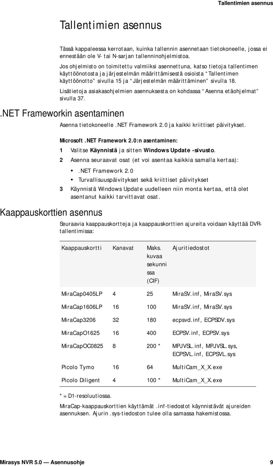 sivulla 18. Lisätietoja asiakasohjelmien asennuksesta on kohdassa Asenna etäohjelmat sivulla 37..NET Frameworkin asentaminen Kaappauskorttien asennus Asenna tietokoneelle.net Framework 2.