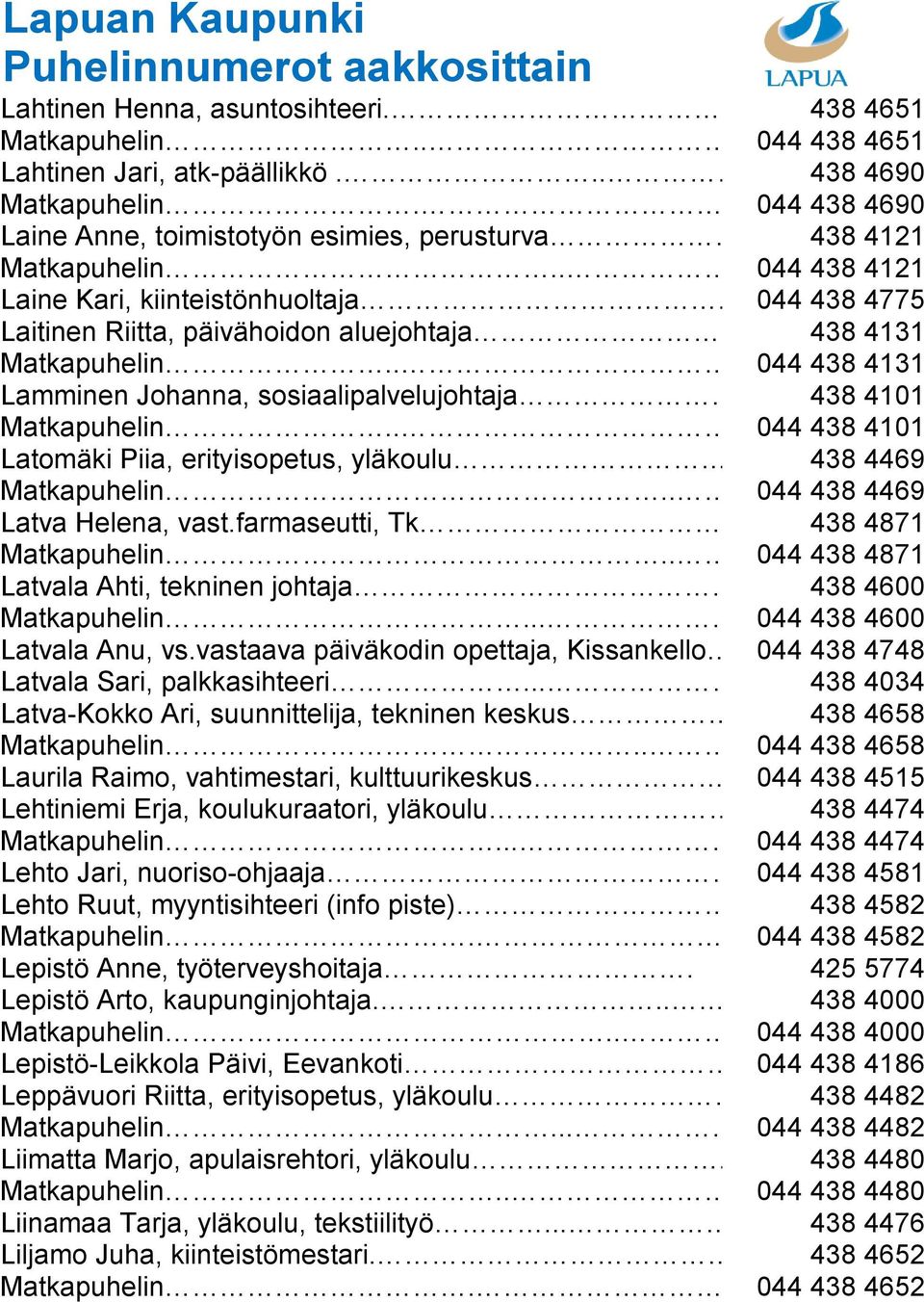 . 044 438 4131 Lamminen Johanna, sosiaalipalvelujohtaja. 438 4101 Matkapuhelin.. 044 438 4101 Latomäki Piia, erityisopetus, yläkoulu 438 4469 Matkapuhelin... 044 438 4469 Latva Helena, vast.