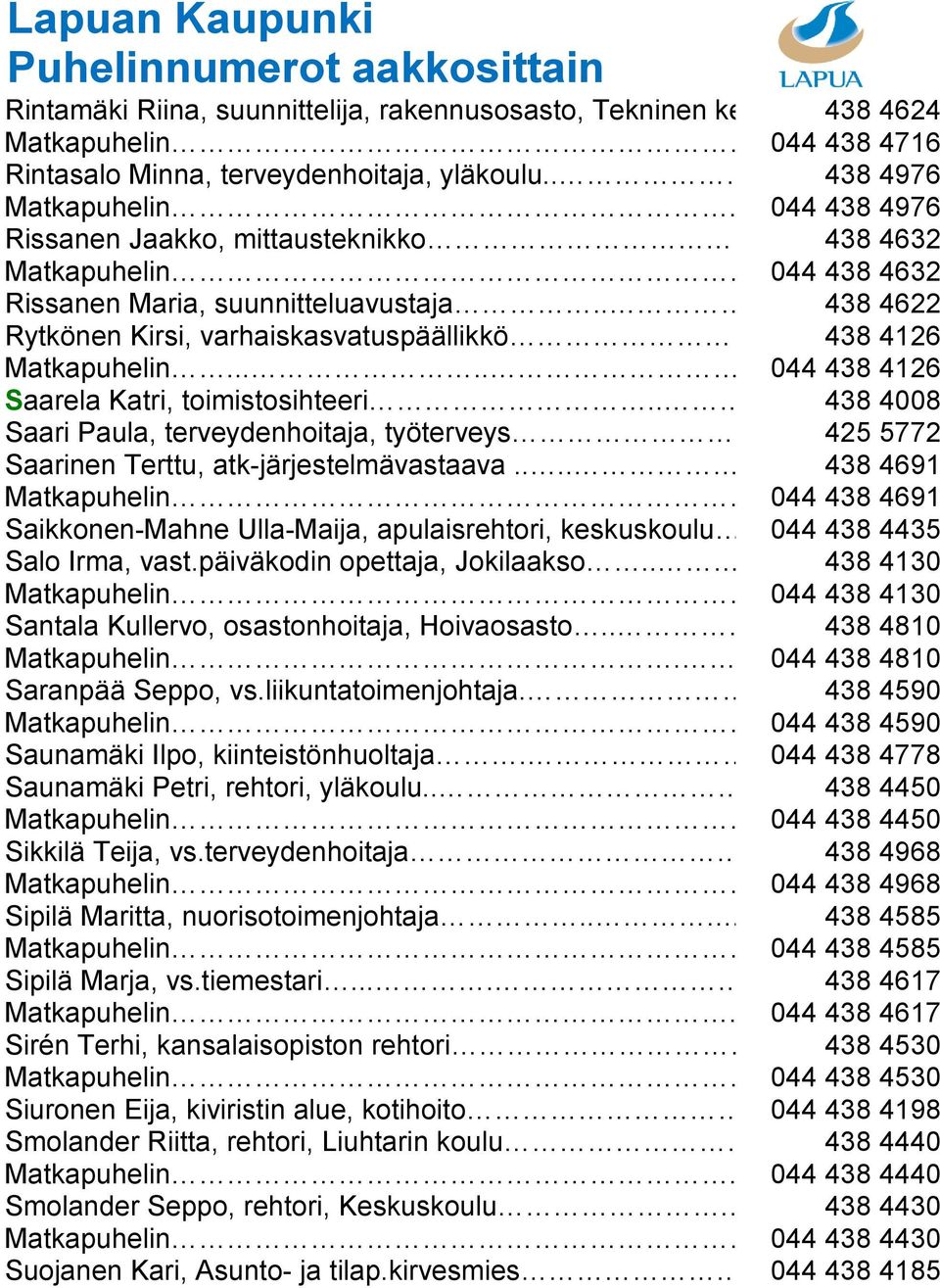 ..... 044 438 4126 Saarela Katri, toimistosihteeri.... 438 4008 Saari Paula, terveydenhoitaja, työterveys.. 425 5772 Saarinen Terttu, atk-järjestelmävastaava...... 438 4691 Matkapuhelin.