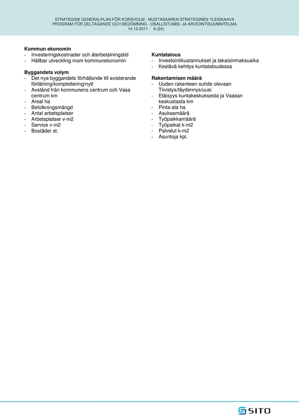 förtätning/komplettering/nytt - Avstånd från kommunens centrum och Vasa centrum km - Areal ha - Befolkningsmängd - Antal arbetsplatser - Arbetsplatser v-m2 - Service v-m2 - Bostäder st.