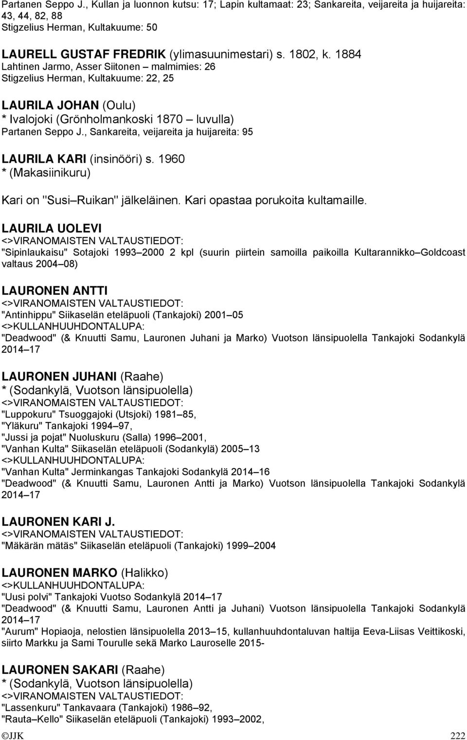 1884 Lahtinen Jarmo, Asser Siitonen malmimies: 26 Stigzelius Herman, Kultakuume: 22, 25 LAURILA JOHAN (Oulu) * Ivalojoki (Grönholmankoski 1870 luvulla) , Sankareita, veijareita ja huijareita: 95