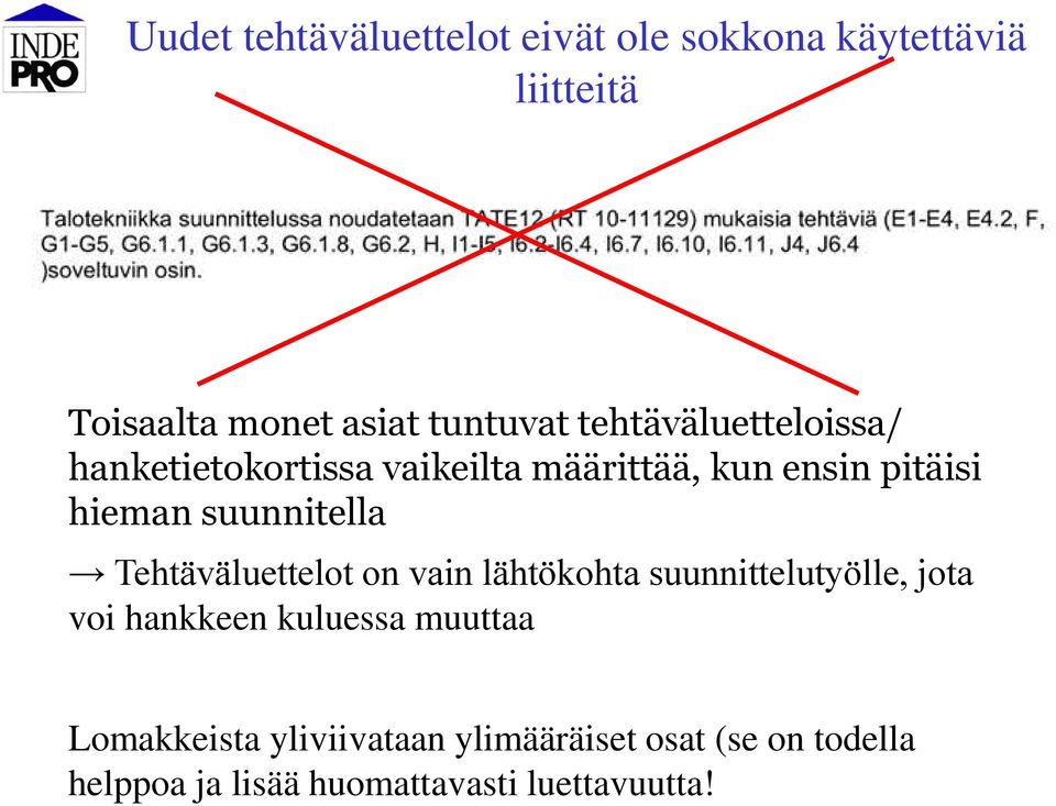 suunnitella Tehtäväluettelot on vain lähtökohta suunnittelutyölle, jota voi hankkeen kuluessa