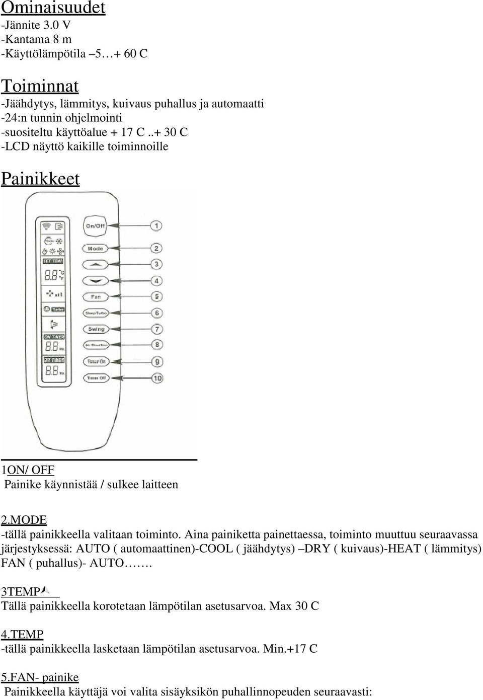 .+ 30 C -LCD näyttö kaikille toiminnoille Painikkeet 1ON/ OFF Painike käynnistää / sulkee laitteen 2.MODE -tällä painikkeella valitaan toiminto.