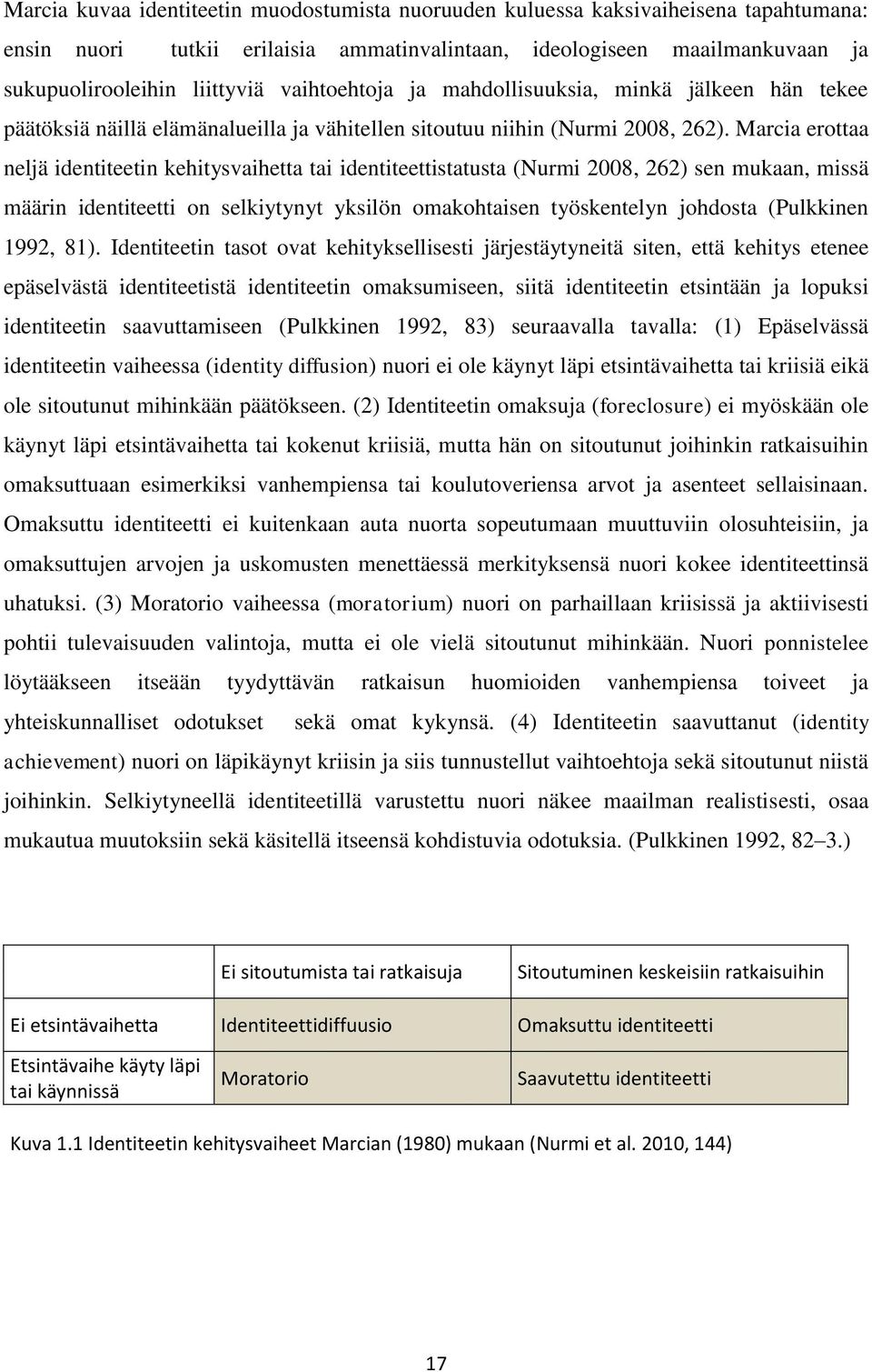 Marcia erottaa neljä identiteetin kehitysvaihetta tai identiteettistatusta (Nurmi 2008, 262) sen mukaan, missä määrin identiteetti on selkiytynyt yksilön omakohtaisen työskentelyn johdosta (Pulkkinen