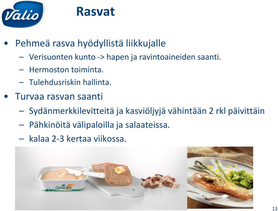 Turvaa rasvan saanti Sydänmerkkilevitteitä ja kasviöljyjä vähintään 2 rkl