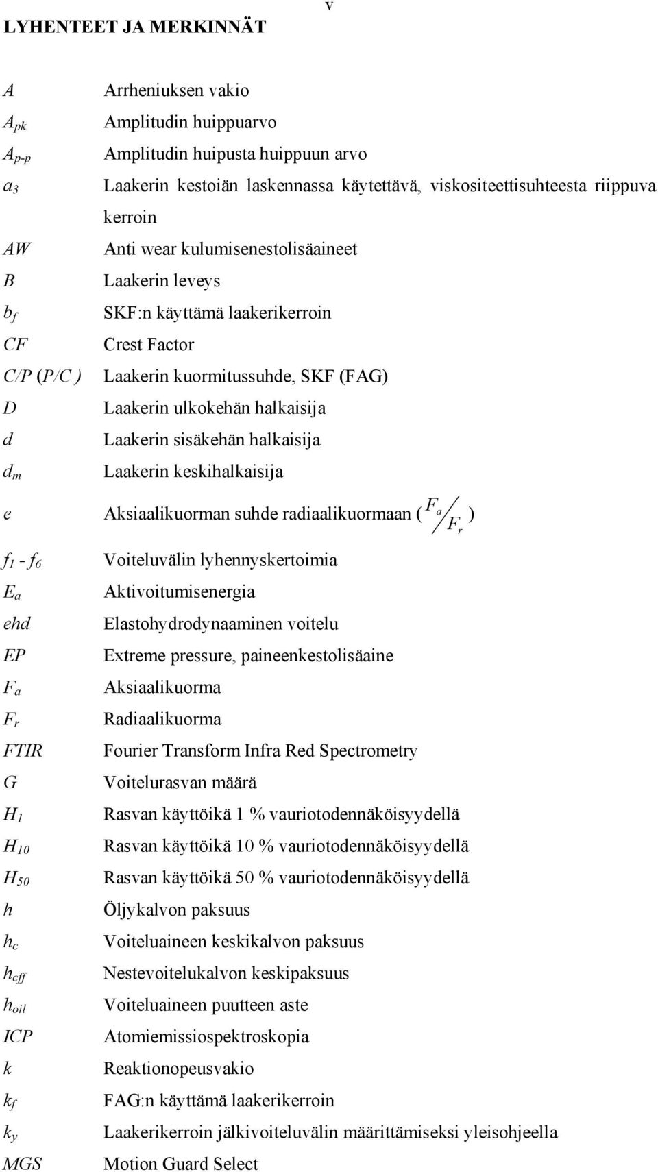 Laakerin sisäkehän halkaisija Laakerin keskihalkaisija F e Aksiaalikuorman suhde radiaalikuormaan ( a ) F f 1 - f 6 Voiteluvälin lyhennyskertoimia E a ehd EP F a F r FTIR G H 1 H 10 H 50 h h c h cff