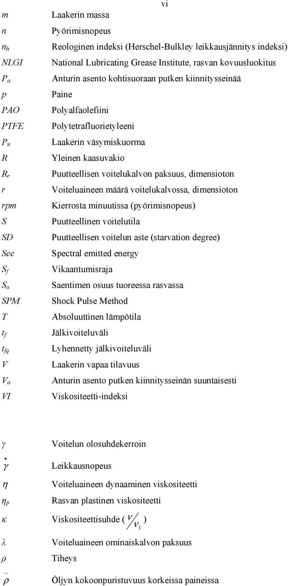 Puutteellisen voitelukalvon paksuus, dimensioton Voiteluaineen määrä voitelukalvossa, dimensioton Kierrosta minuutissa (pyörimisnopeus) Puutteellinen voitelutila Puutteellisen voitelun aste