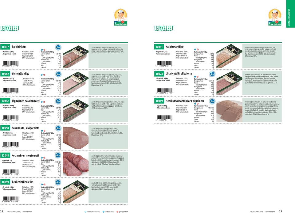 10061 Myyntierä: 0,8 kg Valmistusmaa: Suomi 6 4 0 9 6 2 0 0 4 2 6 1 4 Kalkkunanfilee 15940 0075838 20630215 Ravintosisältö/10: Energia kj/kcal 370/90 josta tyydyttynyttä 0,3 g 19 g Ainekset: