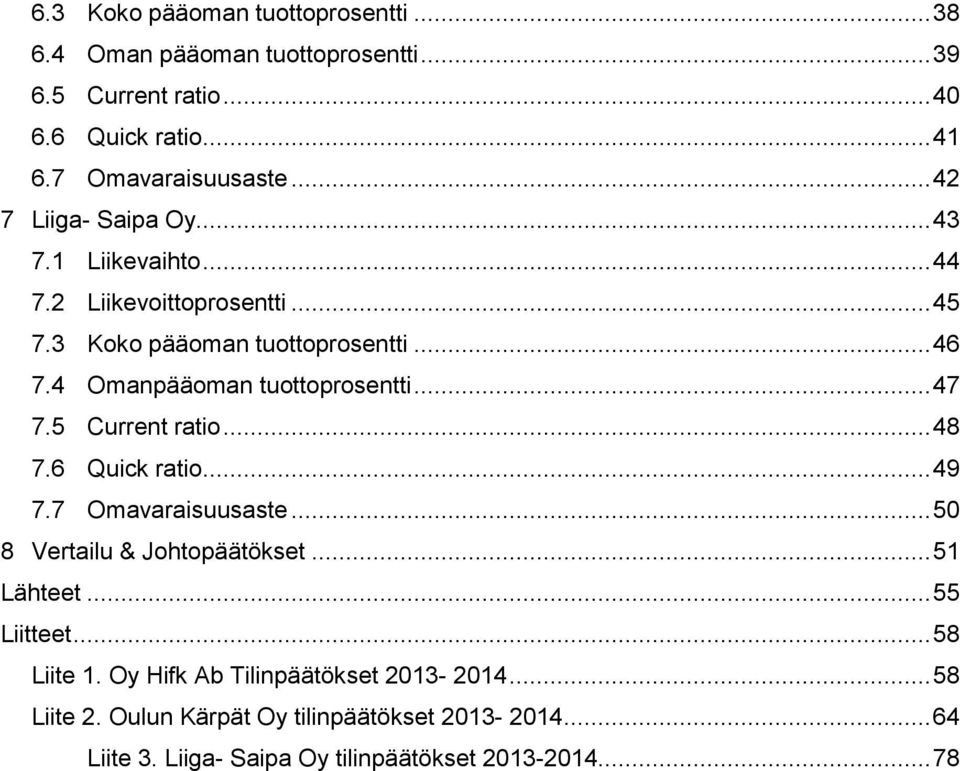 4 Omanpääoman tuottoprosentti... 47 7.5 Current ratio... 48 7.6 Quick ratio... 49 7.7 Omavaraisuusaste... 50 8 Vertailu & Johtopäätökset... 51 Lähteet.