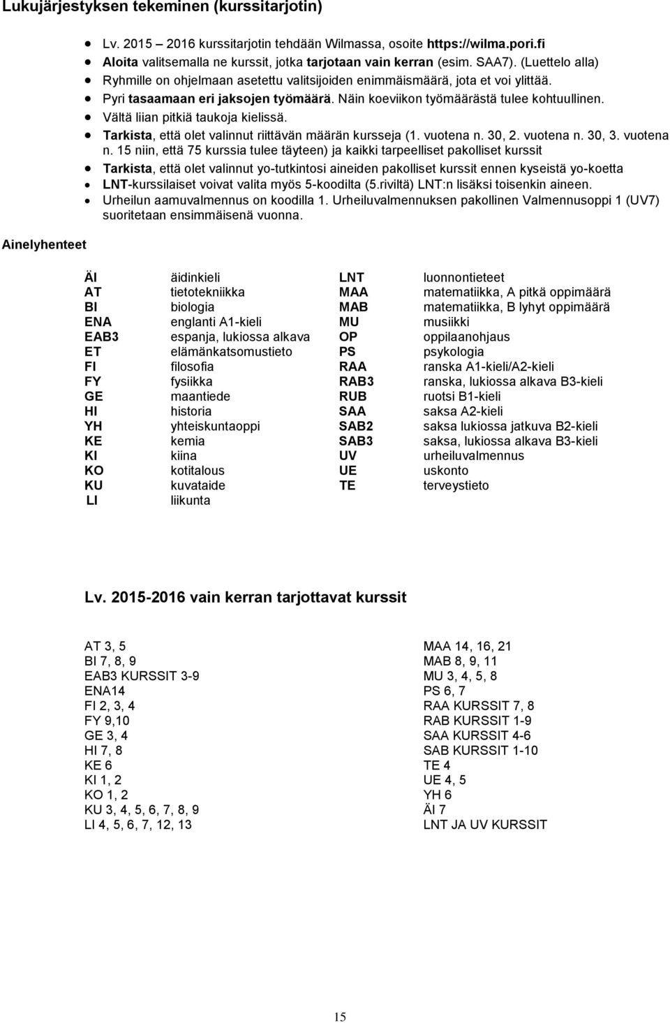 Vältä liian pitkiä taukoja kielissä. Tarkista, että olet valinnut riittävän määrän kursseja (1. vuotena n.