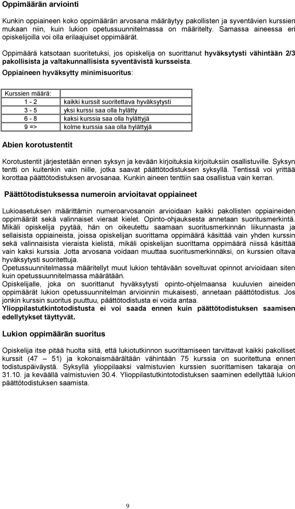 Oppimäärä katsotaan suoritetuksi, jos opiskelija on suorittanut hyväksytysti vähintään 2/3 pakollisista ja valtakunnallisista syventävistä kursseista.