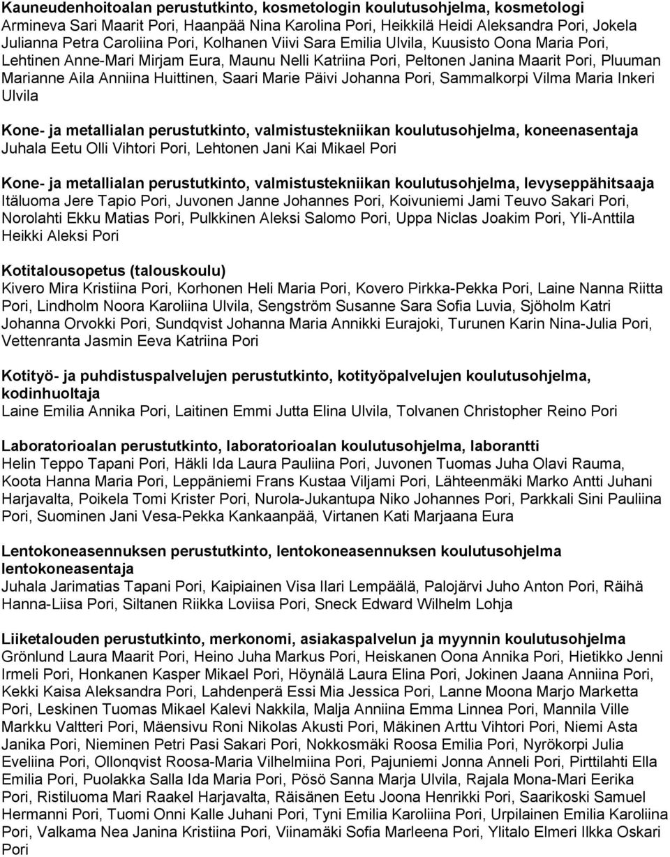 Saari Marie Päivi Johanna Pori, Sammalkorpi Vilma Maria Inkeri Ulvila Kone- ja metallialan perustutkinto, valmistustekniikan koulutusohjelma, koneenasentaja Juhala Eetu Olli Vihtori Pori, Lehtonen