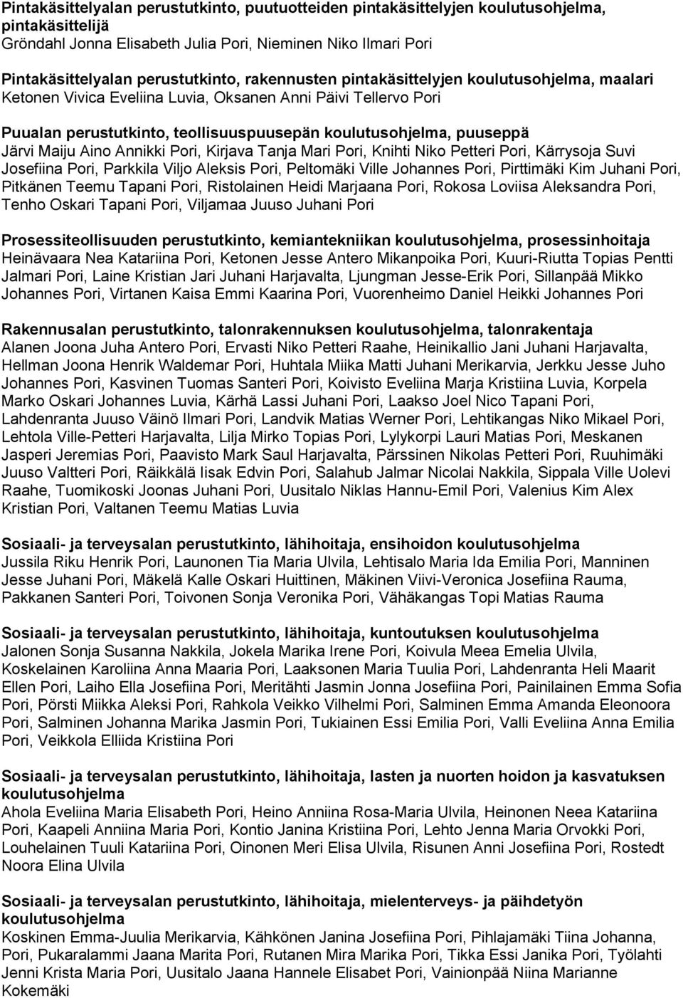 Aino Annikki Pori, Kirjava Tanja Mari Pori, Knihti Niko Petteri Pori, Kärrysoja Suvi Josefiina Pori, Parkkila Viljo Aleksis Pori, Peltomäki Ville Johannes Pori, Pirttimäki Kim Juhani Pori, Pitkänen