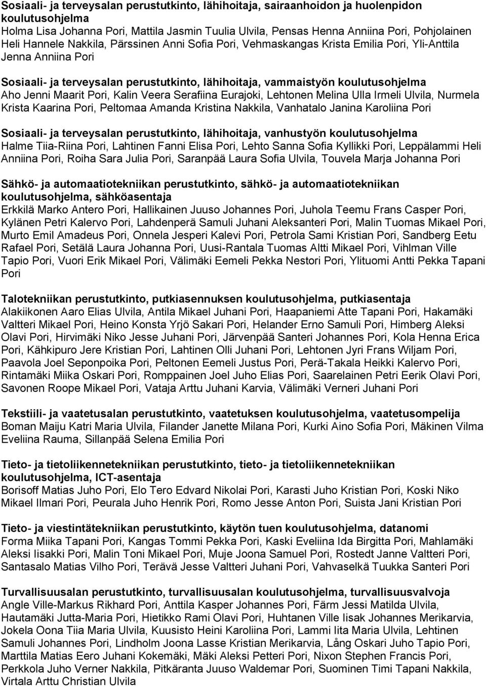 Maarit Pori, Kalin Veera Serafiina Eurajoki, Lehtonen Melina Ulla Irmeli Ulvila, Nurmela Krista Kaarina Pori, Peltomaa Amanda Kristina Nakkila, Vanhatalo Janina Karoliina Pori Sosiaali- ja