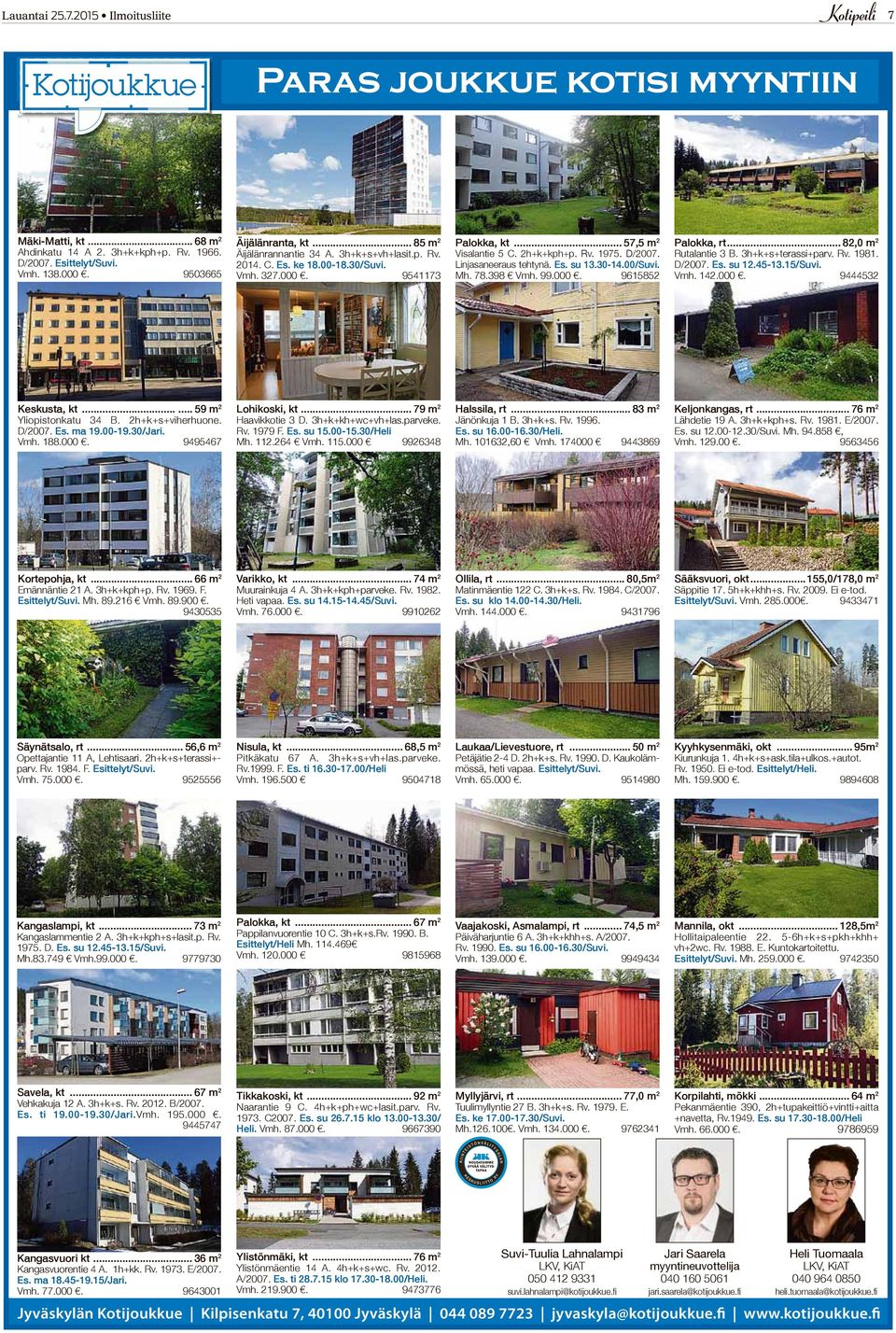 Viehättävä Samulinniemi rt...94 m² Toivakka, Ahokas okt...155 m² Lohikoski kt...68 m² Halssila pt...72 m² Mäki-Matti, kt 68 mvastaava 2 rivitaloasunto Kuokkalan pienvenesataman kupeessa. Kaukolämpö.