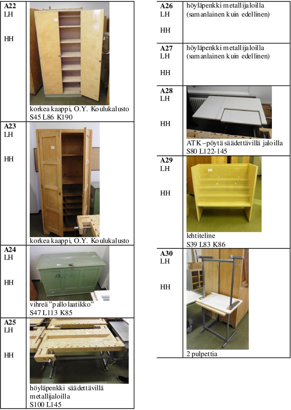 Koulukalusto S45 L86 K190 A28 A29 ATK pöytä säädettävillä jaloilla S80 L122-145 A24 korkea kaappi,