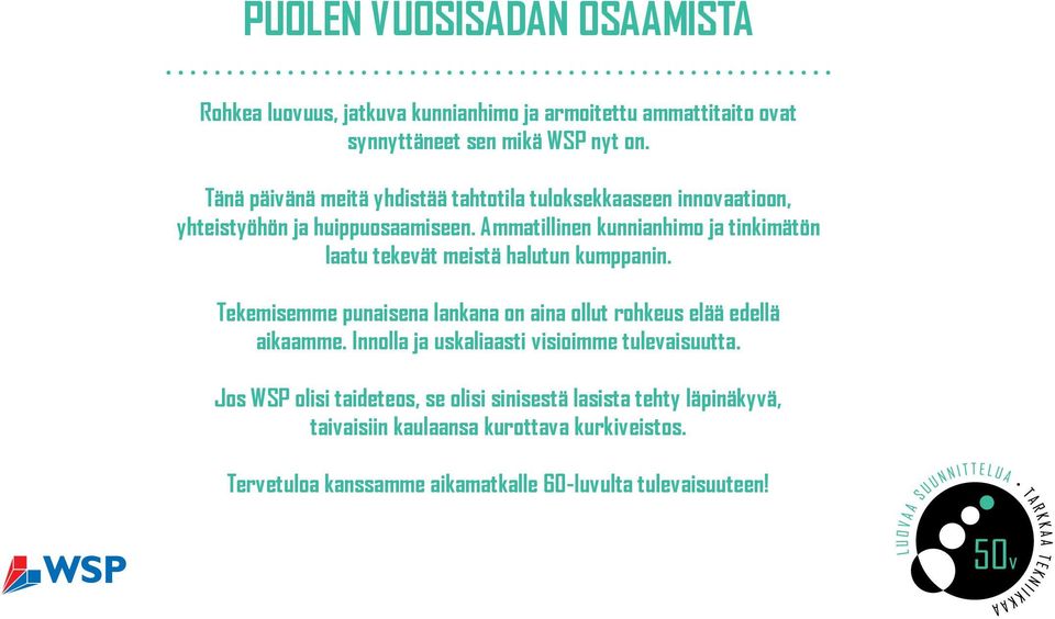 Ammatillinen kunnianhimo ja tinkimätön laatu tekevät meistä halutun kumppanin. Tekemisemme punaisena lankana on aina ollut rohkeus elää edellä aikaamme.
