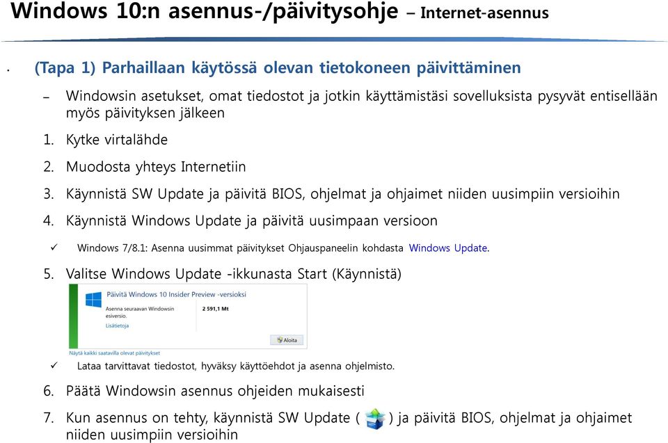 Käynnistä Windows Update ja päivitä uusimpaan versioon Windows 7/8.1: Asenna uusimmat päivitykset Ohjauspaneelin kohdasta Windows Update. 5.