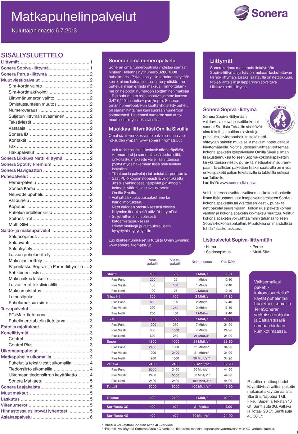 .. 2 Fax... 2 Hakupalvelut... 2 Sonera Liikkuva Netti -liittymä... 2 Sonera Spotify Premium... 2 Sonera Navigaattori... 2 Puhepalvelut... 2 Perhe-palvelu... 2 Sonera Kamu... 2 Neuvottelupuhelu.