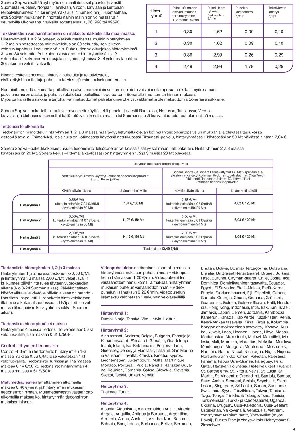 Hintaryhmä Puhelu Suomeen, oleskelumaahan tai hintaryhmien 1 2 maihin: /min Puhelu hintaryhmien 3 4 maihin: /min Puhelun vastaanotto /min Tekstiviestin lähetys /kpl Tekstiviestien vastaanottaminen on