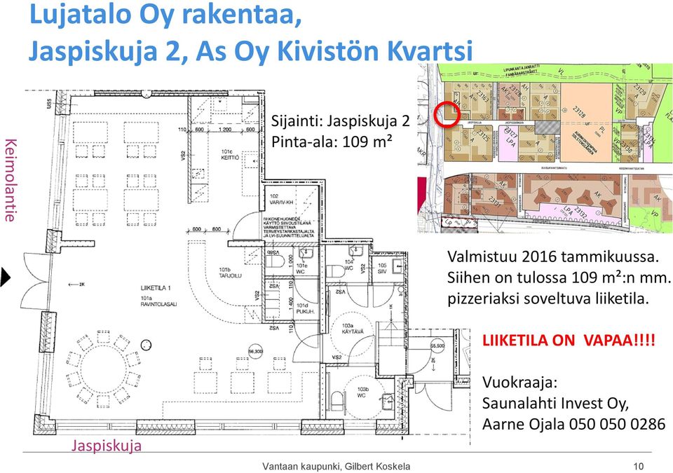 Siihen on tulossa 109 m²:n mm. pizzeriaksi soveltuva liiketila. LIIKETILA ON VAPAA!