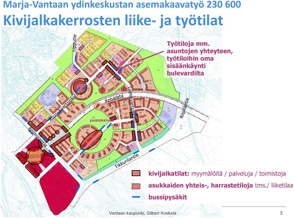 asuntojen yhteyteen, työtiloihin oma sisäänkäynti bulevardilta puistokahvila Kivistön