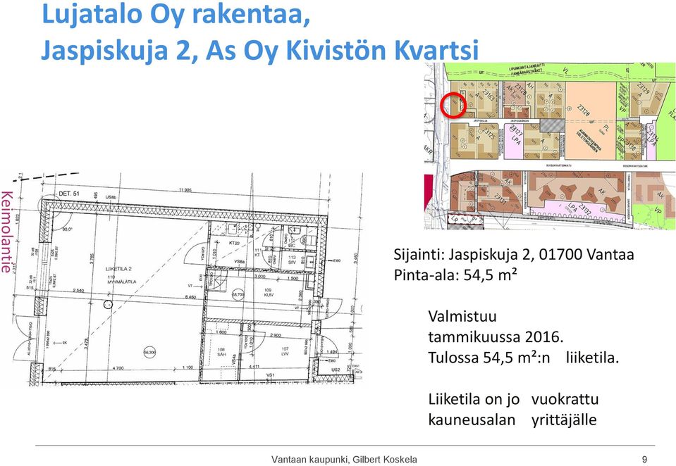 Valmistuu tammikuussa 2016. Tulossa 54,5 m²:n liiketila.
