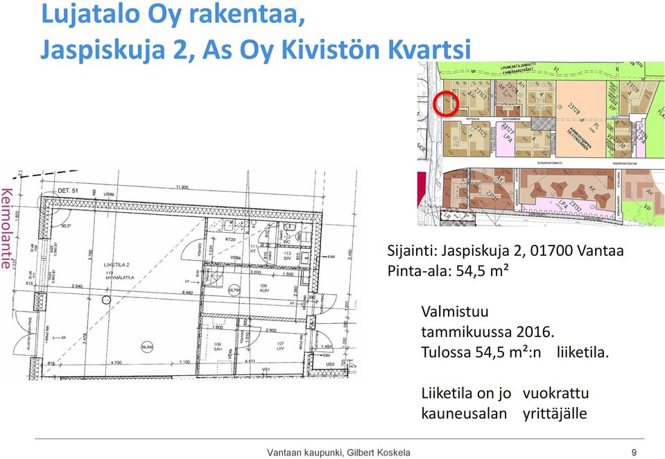 Valmistuu tammikuussa 2016. Tulossa 54,5 m²:n liiketila.