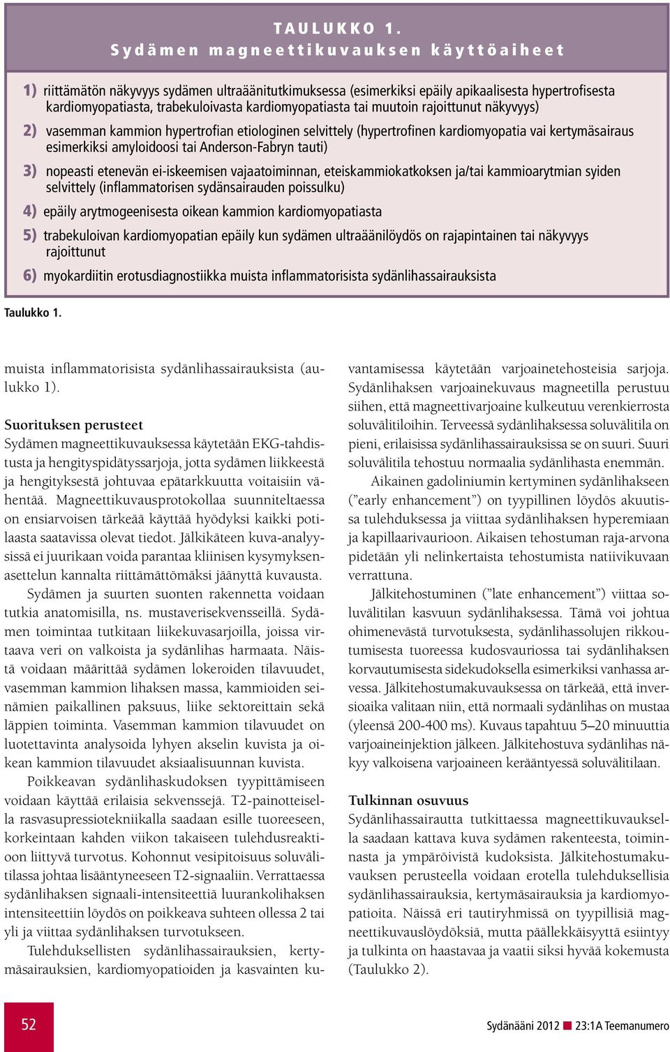 tai muutoin rajoittunut näkyvyys) 2) vasemman kammion hypertrofian etiologinen selvittely (hypertrofinen kardiomyopatia vai kertymäsairaus esimerkiksi amyloidoosi tai Anderson-Fabryn tauti) 3)