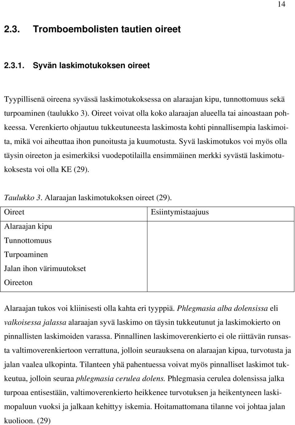 Syvä laskimotukos voi myös olla täysin oireeton ja esimerkiksi vuodepotilailla ensimmäinen merkki syvästä laskimotukoksesta voi olla KE (29). Taulukko 3. Alaraajan laskimotukoksen oireet (29).