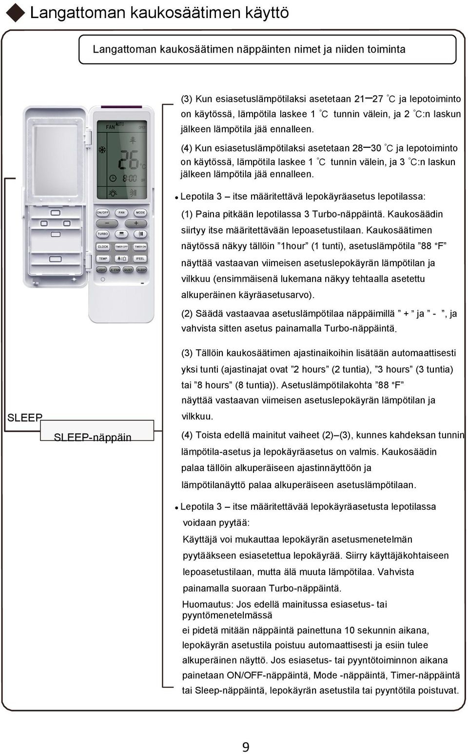 (4) Kun esiasetuslämpötilaksi asetetaan 28 30 ja lepotoiminto on käytössä, lämpötila laskee 1 tunnin välein, ja 3 :n laskun jälkeen lämpötila jää ennalleen.