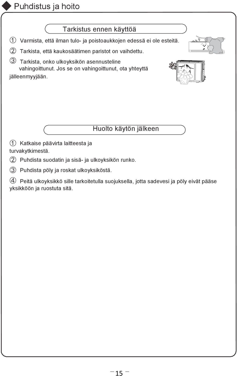 Jos se on vahingoittunut, ota yhteyttä jälleenmyyjään. Huolto käytön jälkeen Katkaise päävirta laitteesta ja turvakytkimestä.