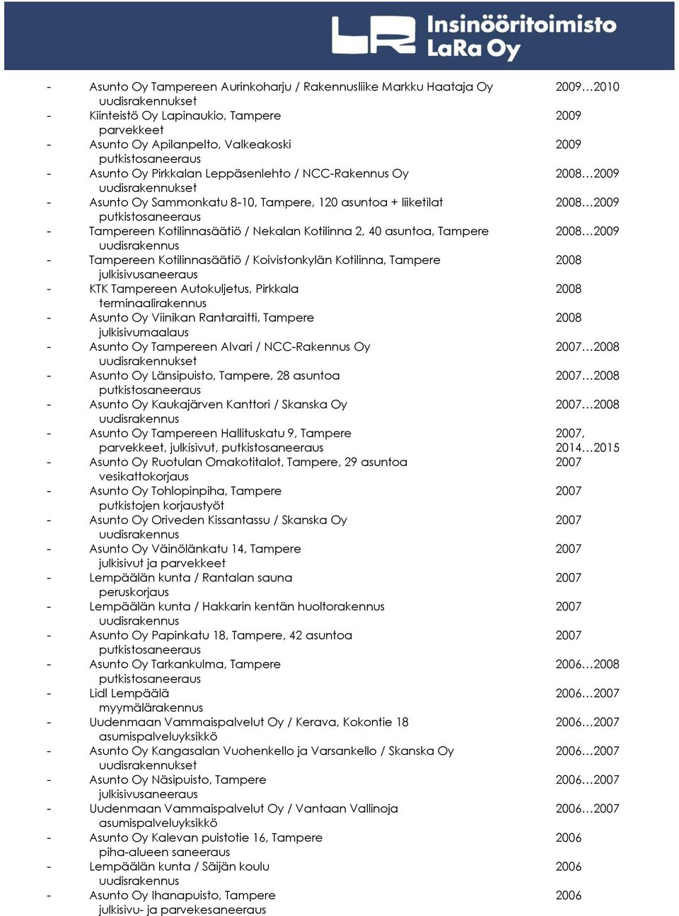 Tampereen Kotilinnasäätiö / Koivistonkylän Kotilinna, Tampere 2008 - KTK Tampereen Autokuljetus, Pirkkala 2008 terminaalirakennus - Asunto Oy Viinikan Rantaraitti, Tampere 2008 julkisivumaalaus -