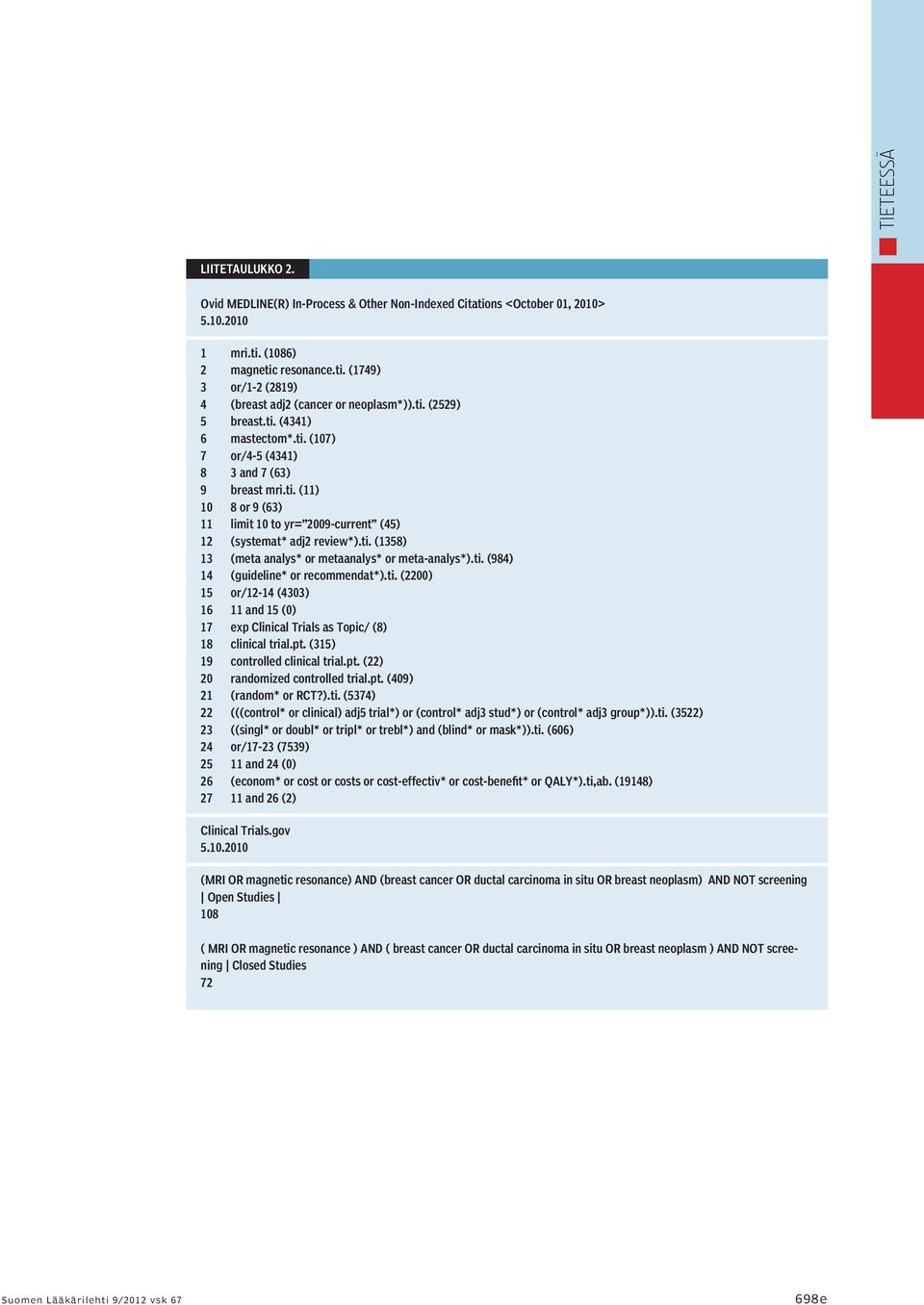 ti. (984) 14 (guideline* or recommendat*).ti. (2200) 15 or/12-14 (4303) 16 11 and 15 (0) 17 exp Clinical Trials as Topic/ (8) 18 clinical trial.pt. (315) 19 controlled clinical trial.pt. (22) 20 randomized controlled trial.